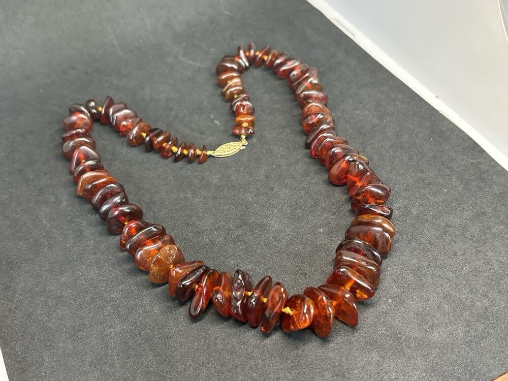 Vintage Natural Amber Bead Necklace Cognac Graduated 14k Gold Filigree Clasp 20”